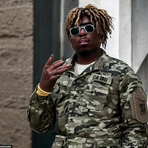 Prompt: the rapper gunna dressed in full combat gear serving in iraq, film grain, smiling