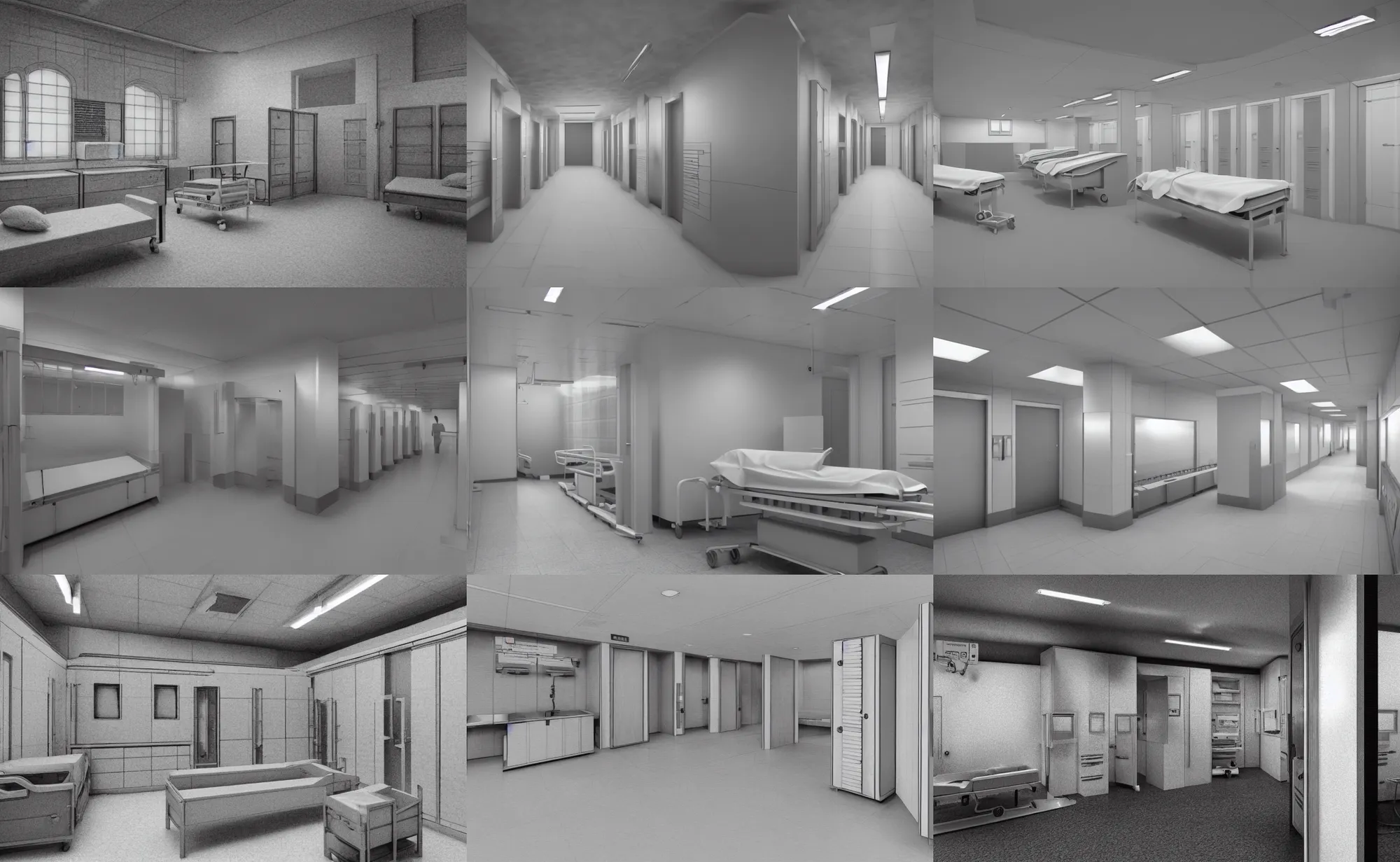 Prompt: well-detailed interior of a hospital morgue, pencil render hyper-realistic