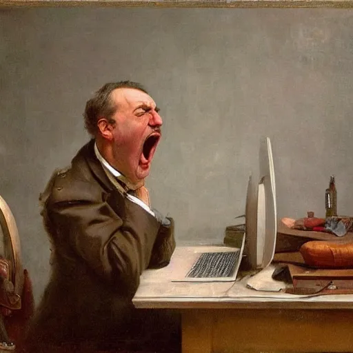 Image similar to an angry man yells at his computer monitor, oil on canvas, 1 8 8 3, highly detailed