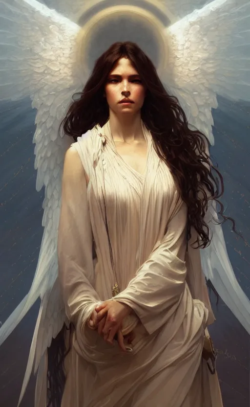 Prompt: a portrait of an angel woman, concept art, deep focus, sky, heaven, clouds, intricate, highly detailed, digital painting, artstation, matte, sharp focus, illustration, art by greg rutkowski and alphonse mucha