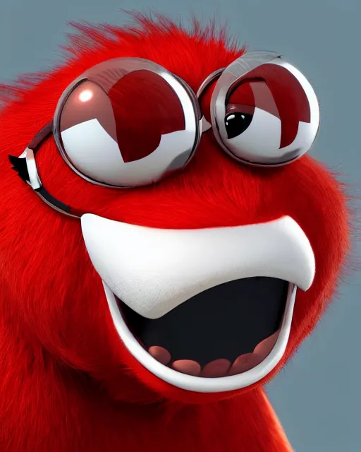 Image similar to 3 d render of completely red hairy friendly antropomorphic robust cartoony creature wearing chrome shades, without nose, full body, in the style of pixar, simple, cute, white background, unreal engine 5, octane render, highly detailed hdr