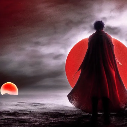 Prompt: berserk eclipse scene in the beach, dark, fear, high detail, clean, red, eclipse, beach, blood, wallpaper, high quality,