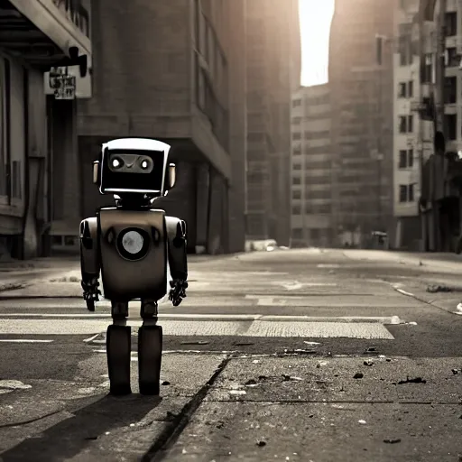 Prompt: a sad robot in a street of a post apocalyptic city