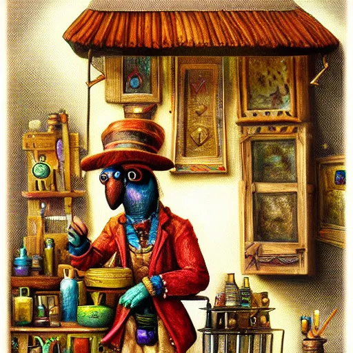 Image similar to Anthropomorphized parrot trader in his shop, wares, portrait, items, magic potions, carpet, window, fancy hat, sly expression , cunning expression, cute expression, presenting wares, D&D, fantasy, cinematic lighting, highly detailed, digital painting, artstation, concept art, smooth, sharp focus, illustration, warm light, cozy warm tint, magic the gathering artwork, volumetric lighting, 8k, art by Akihiko Yoshida, Greg Rutkowski