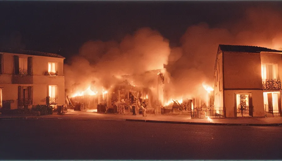 Prompt: 1 9 7 0 s movie still of a heavy burning french style townhouse in a small french village by night, cinestill 8 0 0 t 3 5 mm, heavy grain, high quality, high detail, dramatic light, anamorphic, flares