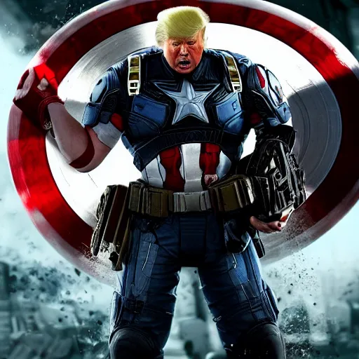 Image similar to Portrait! of President Donald Trump as ((captain america)) in Gears of War, patriotic, splash art, movie still, cinematic lighting, dramatic, octane render, long lens, shallow depth of field, bokeh, anamorphic lens flare, 8k, hyper detailed, 35mm film grain