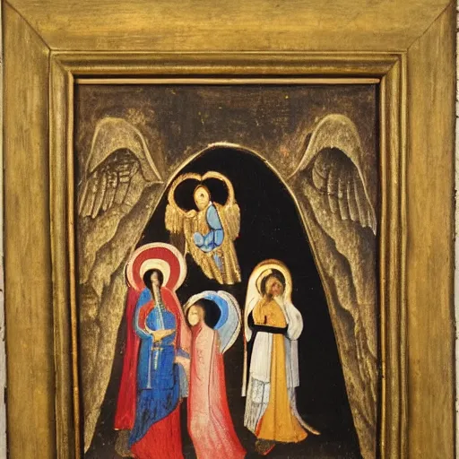 Image similar to religious painting of 3 women at a tomb. two angels in the background