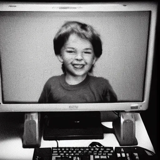 Image similar to 0 0 s kid with creepy smile behind a old computer monitor