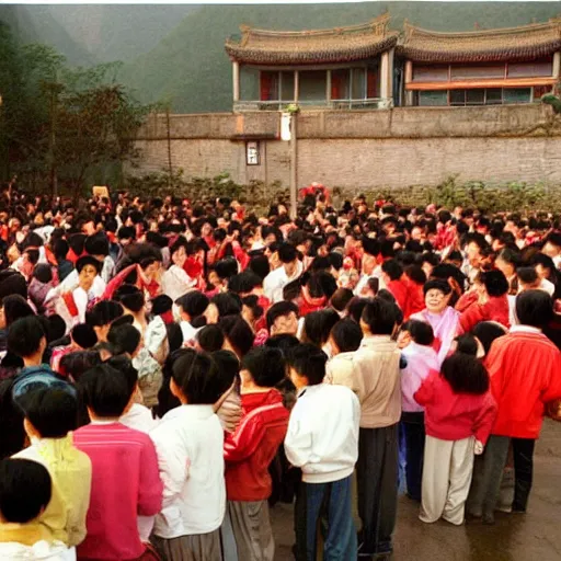 Prompt: Chinese new year gathering in a small village near Hangzhou in the early 2000s