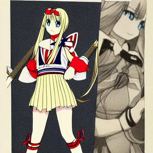 Image similar to An anime magical girl with long blond ponytails, dressed in a sailor-suit school uniform inspired attire, wearing a golden tiara in her forehead, white elbow-length gloves and red thigh-high boots