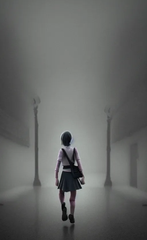 Image similar to school girl walking, gloomy and foggy atmosphere, octane render, cgsociety, artstation trending, horror scene, highly detailded