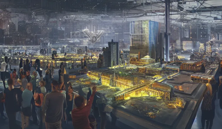 Prompt: large group people in open warehouse, looking at hologram of futuristic city on a table, cinematic concept art, godrays, golden hour, natural sunlight, 4 k, clear details, tabletop model buildings, center model buildings, hologram center, crane shot, crane shot, crane shot, godrays