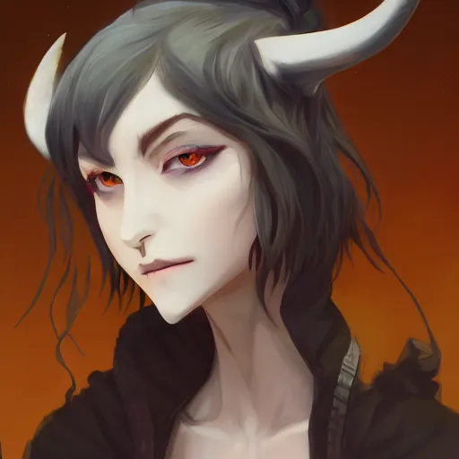 Prompt: a pale demoness with yellow eyes and horns wearing a jacket, highly detailed, digital painting, artstation, matte, by makoto shinkai, animation style