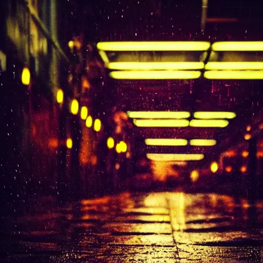 Prompt: rainy cyberpunk city street, neon lights, night time, dark, cinematic lighting, bokeh