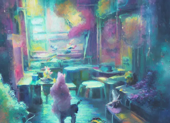 Image similar to clean impasto expressionist bright cheery placid pastel deep cozy moody cluttered painterly fluffy tiny cramped live pet store, aisles of aquariums, slanted ceiling, tiny space, particulate, trending on pixiv