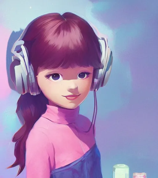 Image similar to beautiful little girl character inspired by 9 0's fashion and by madeline from celeste, art by rossdraws, wlop, ilya kuvshinov, artgem lau, sakimichan and makoto shinkai, concept art, headphones