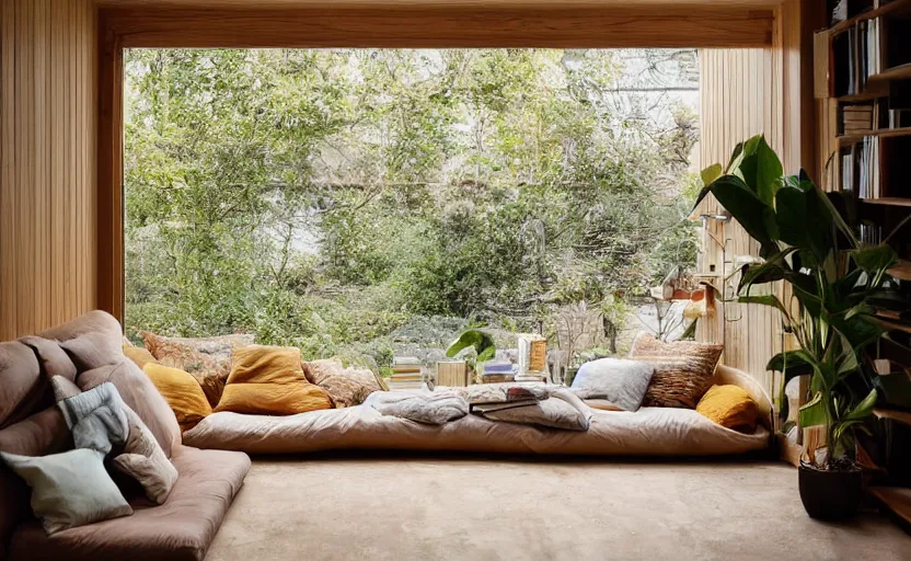 Image similar to interior desing magazine photo of a big window with a wooden frame to sit on, some sandy yellow pillows, there are just a few books and plants on a small integrated shelf, great architecture, ambient light, 8k