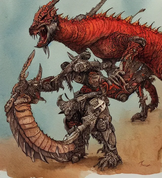 Prompt: a 3 / 4 view watercolor ink painting of dragon / deathclaw hybrid dressed as a raider / bandit in the style of jean giraud in the style of moebius trending on artstation deviantart pinterest detailed realistic hd 8 k high resolution