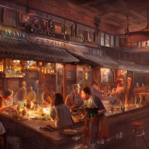 Prompt: Matte painting of a busy tavern, volumetric lighting, high details, 4k, photo realistic