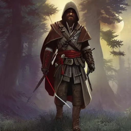 Image similar to an ultra detailed vector image of bob ross dressed as ezio auditore, concept art by alphonse mucha and greg rutkowski, praise the blood moon, octane render, cosmic horror, scary little trees