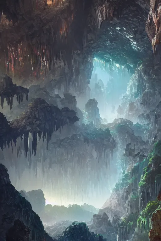 Image similar to crystal geode, landscape, alex ross, eddie mendoza, raphael lacoste, sebastian ludke, concept art, matte painting, highly detailed, rule of thirds, dynamic lighting, cinematic, realism, realistic, photo real, detailed, magnificiant landscape, denoised, centerd