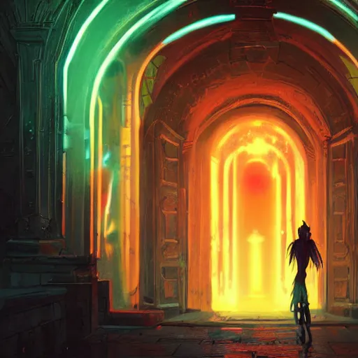 Prompt: A female tiefling, stepping through a portal from another dimension into a palace courtyard, neon flames, dramatic lighting, fantasy art by Greg Rutkowski