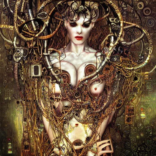 Image similar to horned cybernetic demon lovers trapped in circuitry, intricate detail, klimt, royo, whealan,