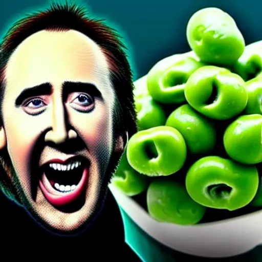 Image similar to nicolas cage screaming covered in peas