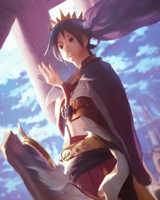 Prompt: a girl cosplaying as a king, full shot, atmospheric lighting, detailed face, one piece style, by makoto shinkai, stanley artgerm lau, wlop, rossdraws