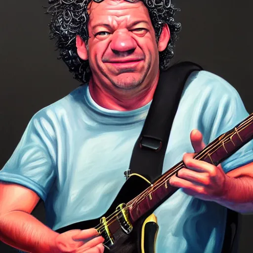 Image similar to Caricature portraits done of Dean Ween playing a guitar live on stage, realistic, hyperrealistic, very realistic, highly detailed, very detailed, extremely detailed, detailed, oil painting, digital art, trending on artstation