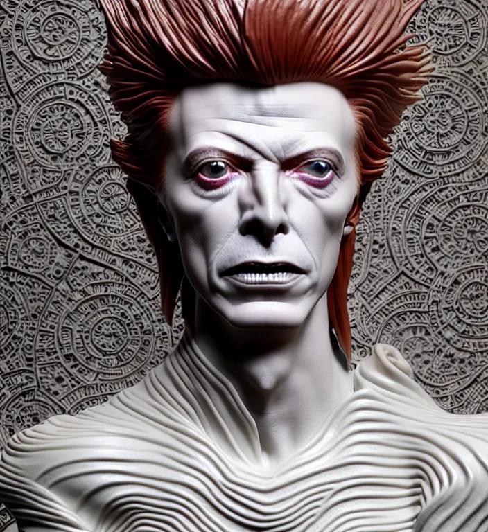 Image similar to David Bowie from labyrinth , A Close up photo-real delicate ceramic porcelain sculpture of a symmetrical ornate detailed in front of an intricate background by Victo Ngai and takato yamamoto, micro detail, backlit lighting, face in focus, subsurface scattering, translucent, thin porcelain, octane renderer, colorful, physically based rendering, japanese pottery, trending on cgsociety