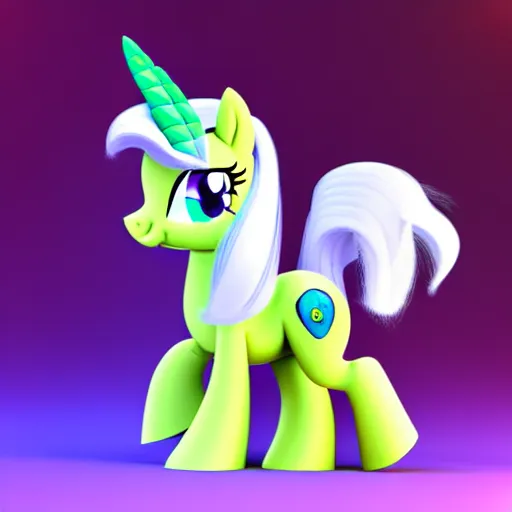 Image similar to white colored stoner pony from my little pony, marijuana themed, weed cutie mark, art, smoke everywhere, colorful, 3 d, render, blender 3 d, soft lighting, green mane, surrounded by smoke clouds spiraling around