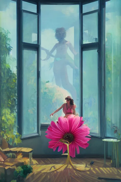Prompt: closeup, huge flower head, woman sitting on lounge chair by a tall window, surreal photography, studio light, impressionist painting, digital painting, artstation, simon stalenhag