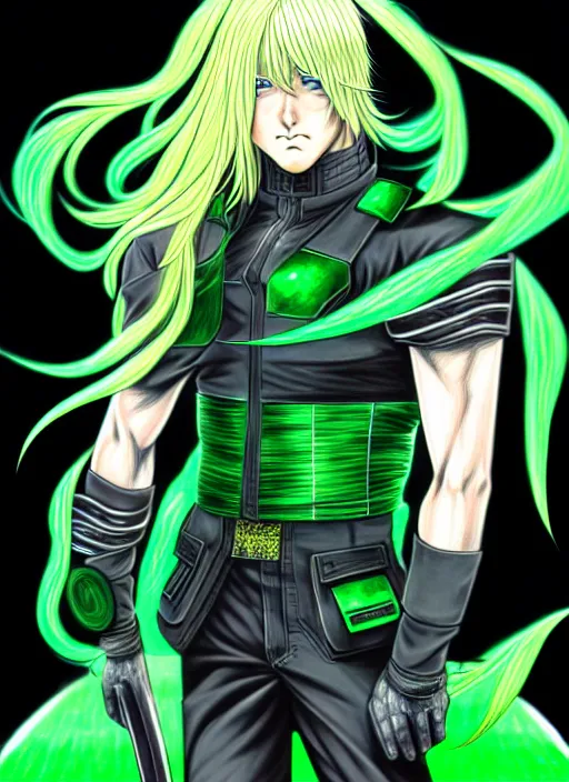 Image similar to a detailed manga full body portrait illustration of a man with long blonde hair and blue eyes wearing cyberpunk jade green battle gear by hirohiko araki, detailed artwork, realism, 4 k resolution, detailed, high quality, sharp focus, hq artwork, insane detail, volumetric lighting, character concept art, fine details, clear subject, central subject