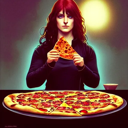 Image similar to portrait of teenage goth wynonna ryder flipping a pizza in the air in a dominos pizza, intricate, headshot, highly detailed, digital painting, artstation, concept art, sharp focus, cinematic lighting, illustration, art by artgerm and greg rutkowski, alphonse mucha, cgsociety