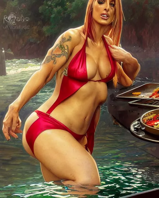 Image similar to Portrait of Jodie Marsh in a green & red bikini & a Spanish man in boxer shorts cooking sardines in Porto,real life skin, intricate, elegant, highly detailed, artstation, concept art, smooth, sharp focus, art by artgerm and greg rutkowski and alphonse mucha
