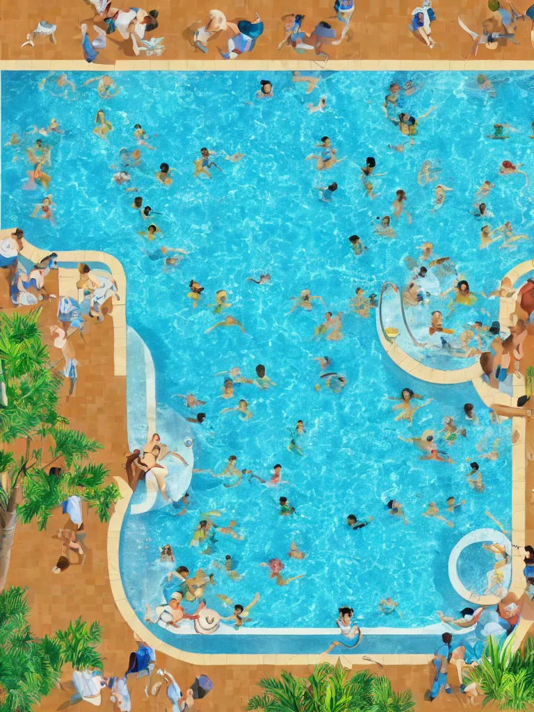 Image similar to tiled pool with people swimming, overhead, by disney concept artists, blunt borders, rule of thirds