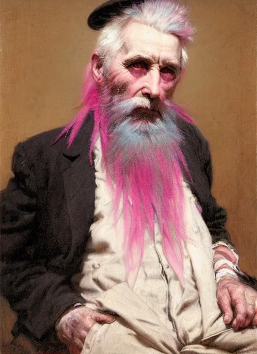 Image similar to a portrait of old man with a long pink mohawk by edouard bisson, punk rock, oil painting, muted colours, soft lighting