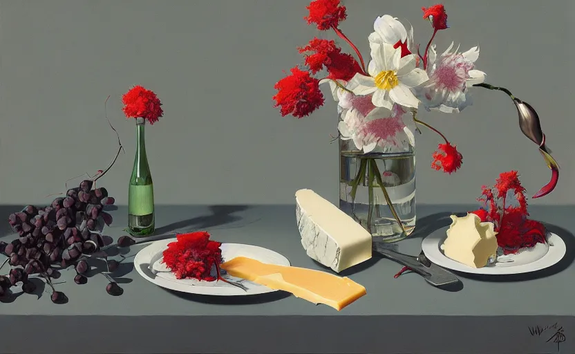 Image similar to an achingly beautiful still life featuring blooming flowers, tillamook cheese, and red wine , very coherent, painted by Edward Hopper, Wayne Barlowe, painted by James Gilleard, airbrush, art by JamesJean