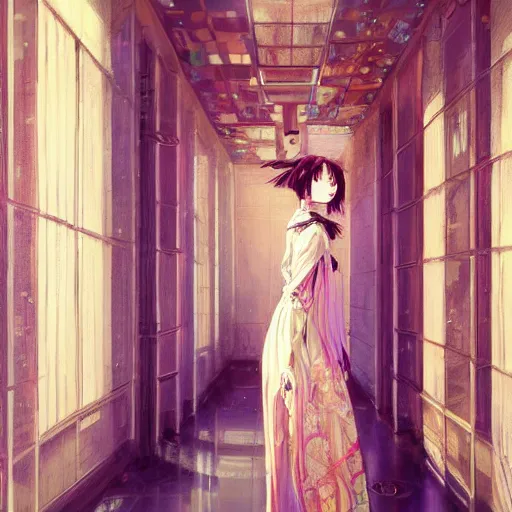 Image similar to beautiful girl in intricate clothing walking through a hallway reaching hands, reflections, very high intricate details, horror, painting, digital anime art, medium shot, mid - shot, wlop, ilya kuvshinov, artgerm, krenz cushart, greg rutkowski, sana takeda