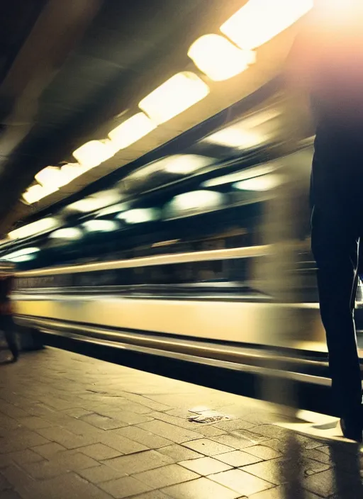 Image similar to a 3 5 mm photo from the back of a businessman standing on a subway platform, splash art, movie still, bokeh, canon 5 0 mm, cinematic lighting, dramatic, film, photography, golden hour, depth of field, award - winning, anamorphic lens flare, 8 k, hyper detailed, 3 5 mm film grain