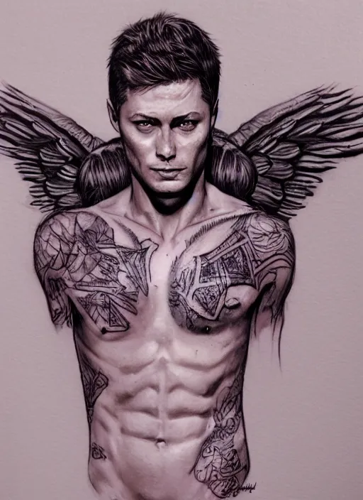 Prompt: Portrait of Dean Winchester as an angel warrior , angelical runes tattoed all over his body, intricate body, whole body, highly detailed, digital painting, artstation, concept art, smooth, sharp focus, illustration, art by Hajime Sorayama