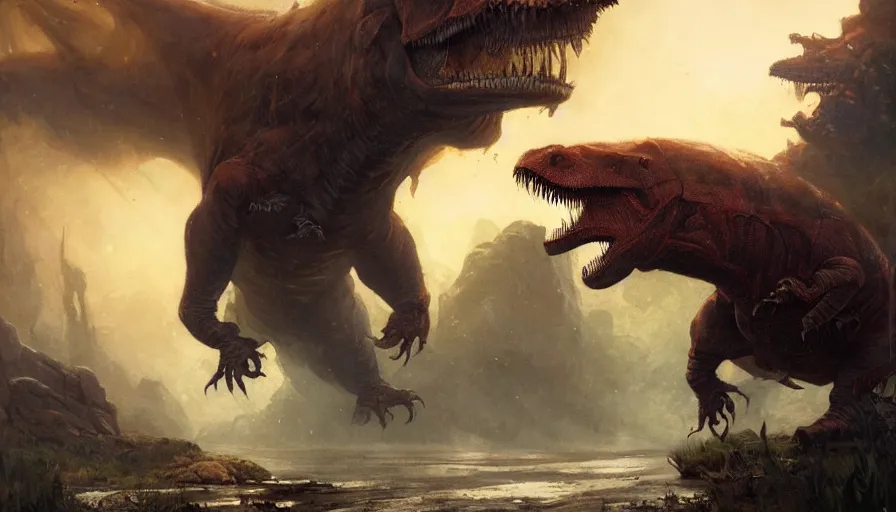 Image similar to tyrannosaurus defends its land from aliens, illustrated by Greg Rutkowski and Gaston Bussiere, 8k