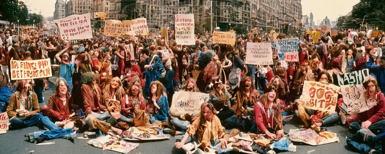 Image similar to hippies protesting with spaghetti signs, 1 9 6 0's,, high detail, canon 5 0 mm, wes anderson film, kodachrome