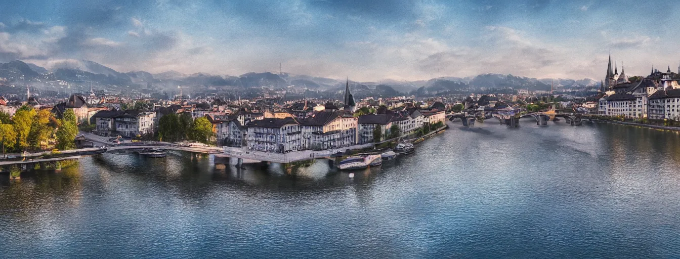 Prompt: Digital painting of Zurich, Limmat and the lake, wide angle, volumetric light, hyperdetailed, Alsp in the background, artstation, cgsociety, 8k