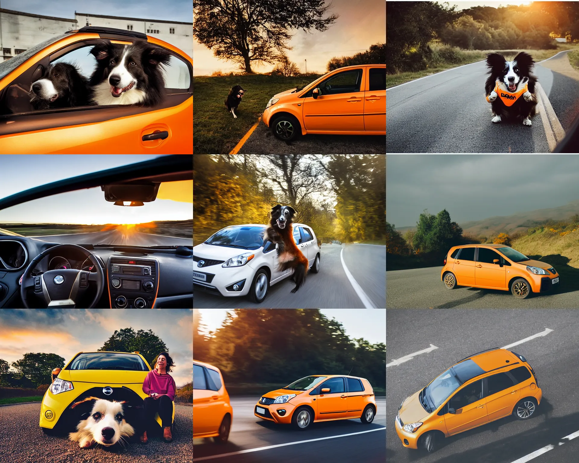 Prompt: a dog driving a car, border collie dog driving an orange nissan note, paws on wheel, car moving fast, award winning photo, golden hour, neil leifer