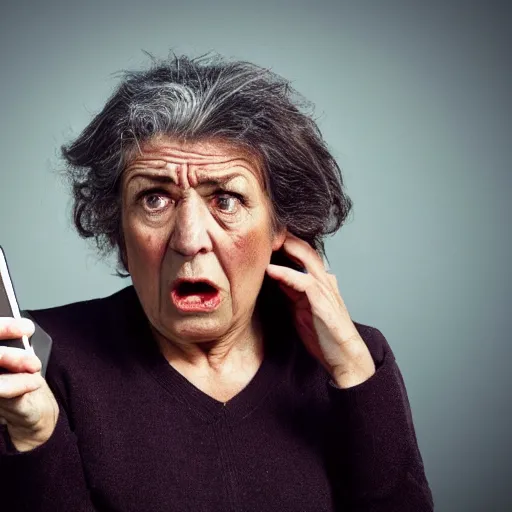 Image similar to astonished older lady looking at smartphone angrily, wild hair, greek ethnicity, angry eyes,