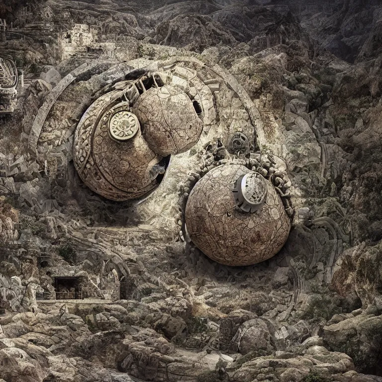 Image similar to photograph of a gigantic paleolothic sphere made of stone with highly detailed carvings of intricate shamanic robotic electronics and circuits, in a mediterranean lanscape, inside a valley overlooking the sea, by michal karcz, mediterranean island scenery, mediterranean vista