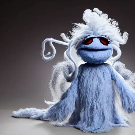 Prompt: ethereal ghostly fluffy live action muppet with a wraith like figure with a very pronounced parasitic kraken head taking over its own with two long tentacles for arms that flow gracefully at its sides like a cloak, it stalks around frozen forests searching for lost souls to consume, this character uses hydrokinesis and electrokinesis, it is a real muppet by sesame street, photo realistic, real, realistic, felt, stopmotion, photography, sesame street, monsters inc pixar
