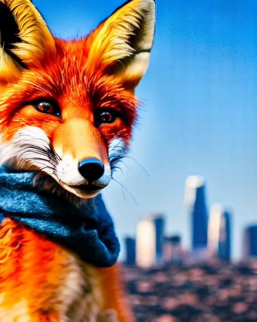 Prompt: photorealistic photo of anthropomorphic female fox animal dressed in jean jacket and scarf, fox animal, los angeles skyline in background, 8 5 mm f / 1. 4,